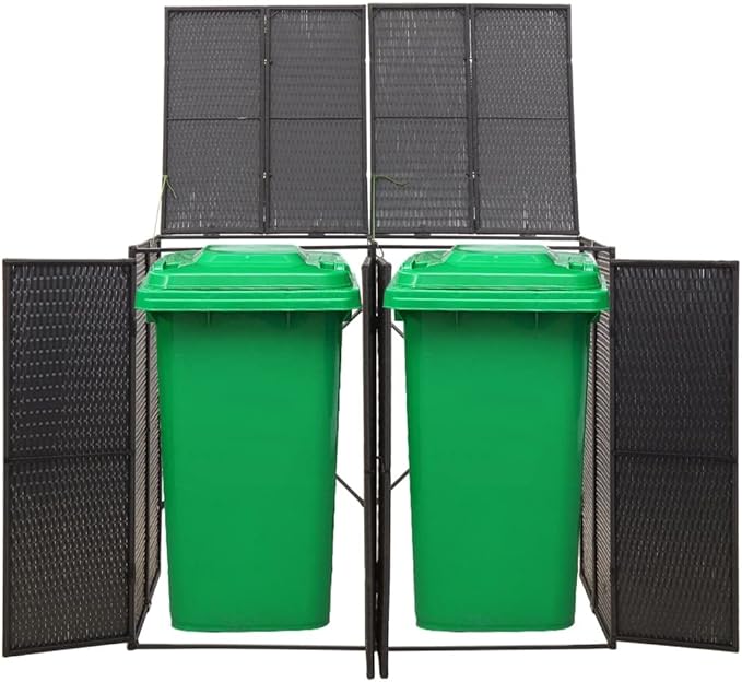 Double Wheelie Bin Shed Garbage Can Storage Shed, PE Trash Container Management Unit, Outdoor Patio Recycling Dustbin Trash Shed, Black 55.1"x31.5"x46.1" Poly Rattan