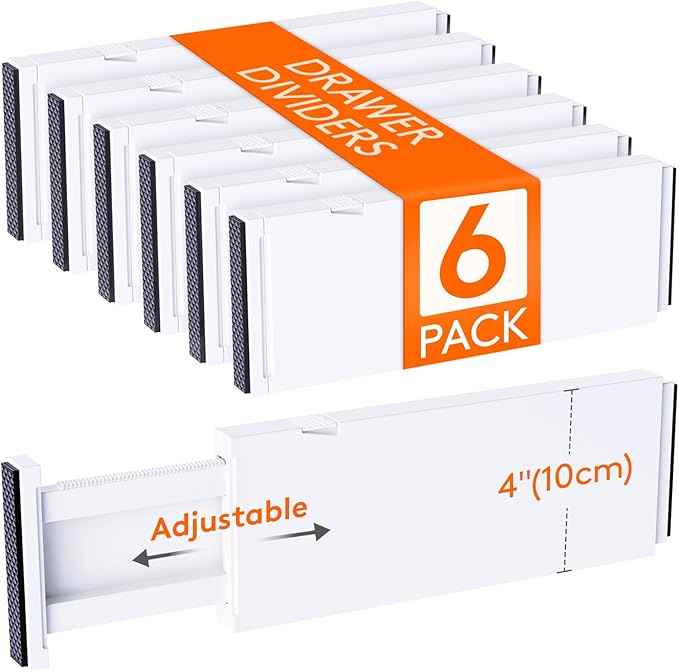 Lifewit 6 Pack Drawer Dividers for Clothes, 10.9-16" Adjustable Drawer Organizers, 4" High Plastic Expandable Drawer Separators in Bedroom/Office/Bathroom/Kitchen Storage, White