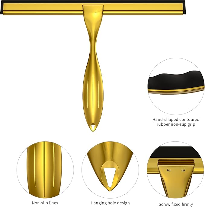 14-Inches Stainless Steel Shower Squeegee Set, Include Shower Door Hook, Adhesive Hook and Spare Silicone Blade, Window Squeegee for Shower Glass Door, Bathroom, Mirror, Window and Car Glass