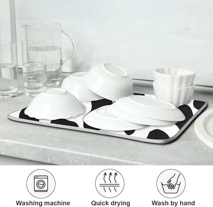 Cow Spots Black and White Dish Drying Mat 16x18 for Kitchen Counter Rustic Farm House Country Style Dishes Pad Absorbent Fast Dry Dish Draining Mats Large Kitchen Accessories