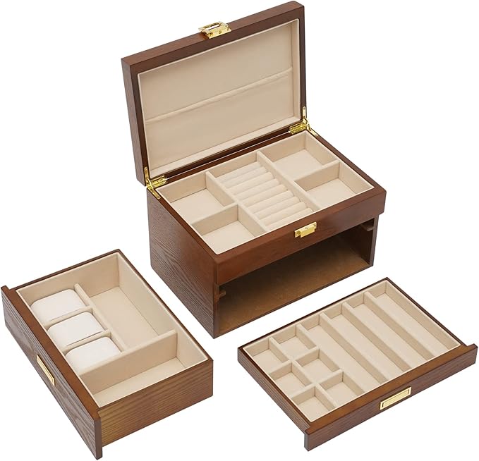 Wooden Jewelry Box for Women, 3 Layers Large Wooden Jewelry Organizer Box Watches Necklace Ring Storage Box for Women (Brown 3 Layer)