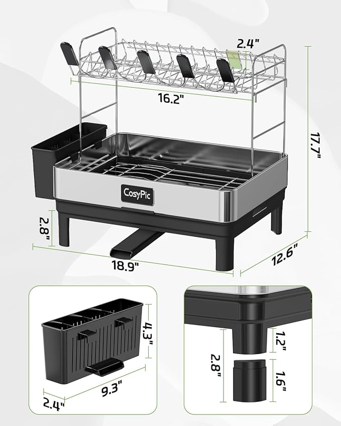 CosyPic 2 Tier Dish Drying Rack, Thicker Premium 304 Stainless Steel Dish Racks for Kitchen Counter, Automatic Drainage Spout, Dish Drainer & Drainboard Set with Utensil Holder and Cup Holder, Black