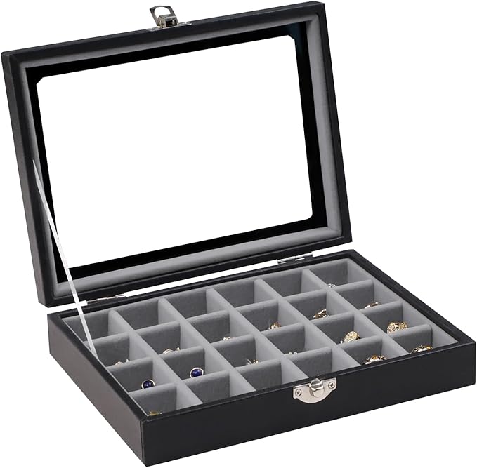 Wudygirl Small Jewelry Organizer Ring Box Velvet Jewelry Box Earring Organizer with Clear Lid Jewelry Tray for Women Girls Jewelry Display Case Drawer Inserts 24 Grid (Gray)