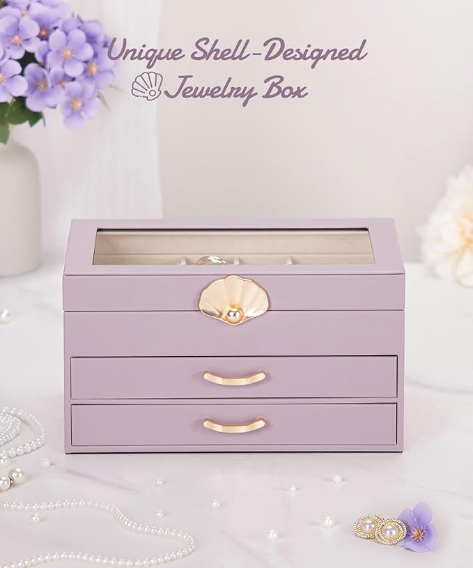 Jewelry Box with 2 Drawers: Jewelry Display Organizer for Earrings Necklaces - Gifts for Girls Women (Grey Purple)