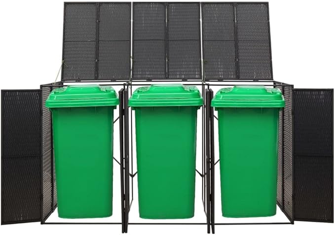 Triple Wheelie Bin Shed Garbage Can Storage Shed, PE Trash Container Management Unit, Outdoor Patio Recycling Dustbin Trash Shed, Black 81.5"x31.5"x46.1" Poly Rattan