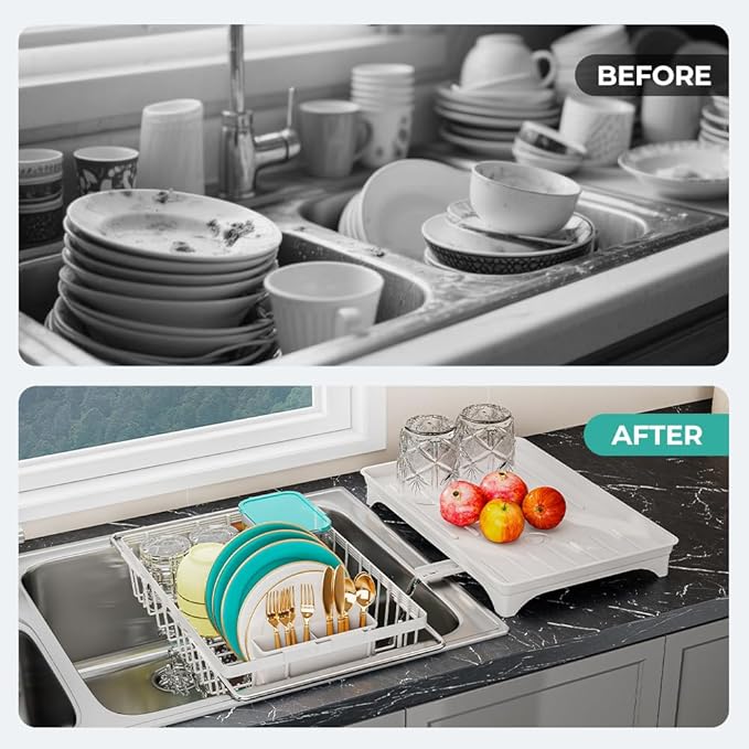 HANLE Small Dish Drying Rack in Sink, Expandable Stainless Steel Dish Drainers for Kitchen Counter, with Drain Board & Utensil Holder(White)
