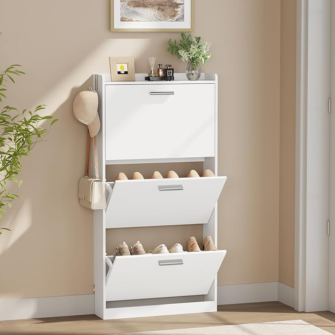 Shoe Cabinet Organizer with 3 Flip Drawers，Freestanding Shoe Rack Cabinet，Narrow Shoe Cabinet Storage for entryway，Foyer, Hallway, White, 23.6" W × 6.3" D × 47.2" H