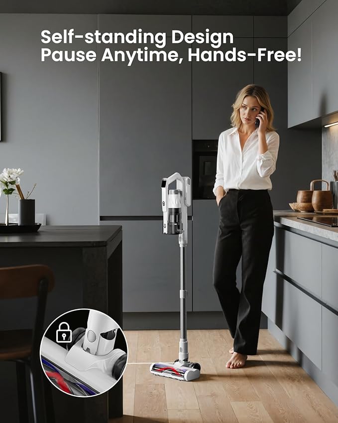 Cordless Vacuum Cleaner for Home, Upgraded 60Kpa Powerful Suction Pet Hair Vacuum with 70min Runtime, Green LED Light for Hardwood Floors & Carpet, Self-Standing Rechargeable Stick Vacuum, Off-white