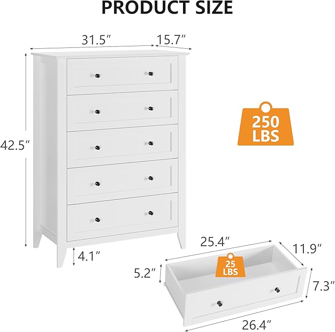 Modern 5 Drawers Dresser for Bedroom, Tall Wood Chest of Drawers for Clothes, Big Storage Dressers Organizer with Gold Handles & Deep Drawers, Living Room, Closet, Hallway, White