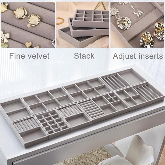 10 Pack Jewelry Organizer Tray Drawer Inserts Stackable Velvet Liner Dividers Customizable Jewellery Box Foam Ring Earring Holder Necklace Bracelet Storage Display Dish Flat in Dresser Vanity