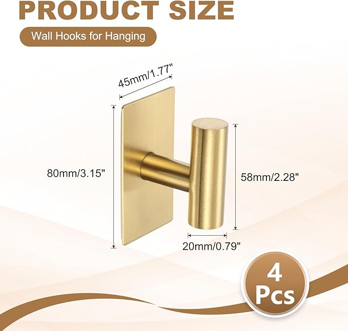 4 Pack Towel Hooks for Bathroom, Wall Hooks Self-Adhesive No-Drill Door Hanger Apply to Shower/Kitchen/Bedroom/Hanging Coat/Towel/Robe (Gold)