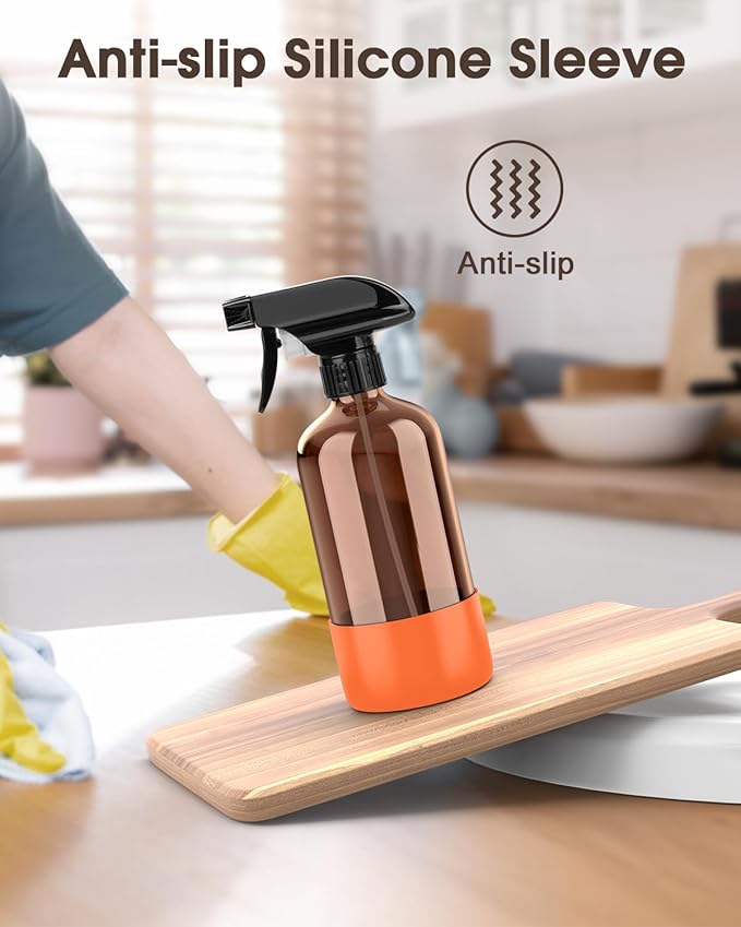Bontip Glass Spray Bottle with Silicone Sleeve Protection, Amber Glass Spray Bottle Set for Window Cleaner Aromatherapy Facial Hydration Watering Flowers Hair Care 2 Pack/16 oz (Black & Orange, 16 oz)