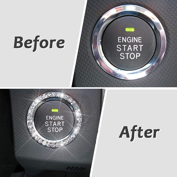 ToBeQueen Bling Car Crystal Rhinestone Ring Emblem Sticker, Car Interior Decoration, Bling Car Accessories for Women, Push to Start Button, Key Ignition Starter & Knob Ring (White)