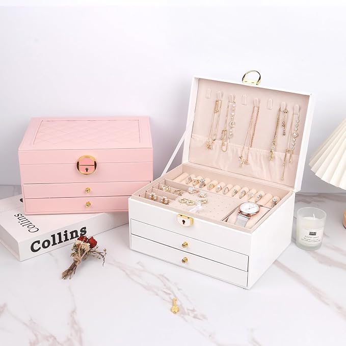 3 Layer Jewelry Box with Drawers, Lockable Jewelry Organizer for Necklace Earring Ring Bracelet Watch, PU Leather Storage, Pink