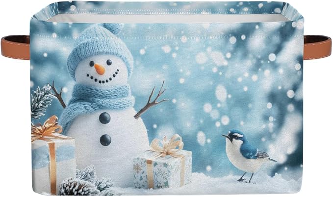 Storage Baskets Bin, Christmas Winter Snowman Collapsible Canvas Fabric Storage Bin Decorative Baskets Toy Organizer Rectangle Storage Boxes with Handles for Home Shelves Nursery, J-016