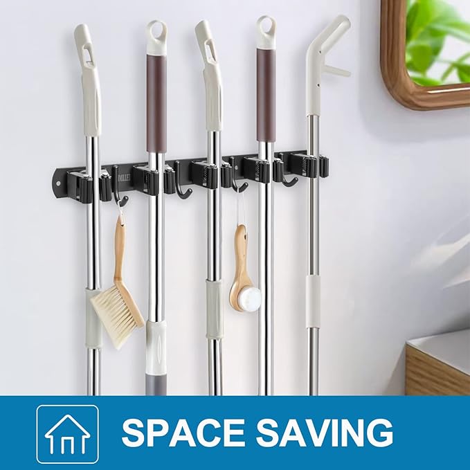 IMILLET 2 Pack Broom and Mop Holder Wall Mounted, Broom Holder Stainless Steel Broom Organizer Heavy Duty Tools Organizer Self Adhesive for Laundry Room Garage Garden（5 Racks and 4 Hooks）