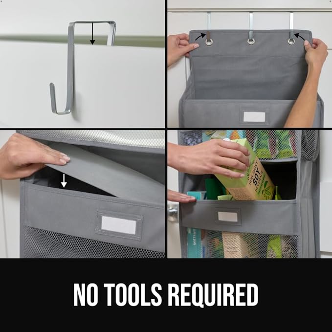 GORILLA GRIP Large Capacity Closet Organizer, 5 Deep Shelves, Holds 50lbs, Over The Door Organizers 6 Mesh Pockets, Shelf Storage for Clothes Crafts Dorm Essentials, 3 Metal Hooks, 58x15 Inches, Gray