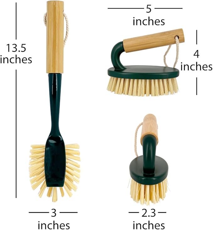 Pine-Sol Scrub Brush Cleaning Tool Set - Heavy Duty Brushes with Bamboo Handles, Dustpan, Shower Squeegee - Dishwashing, Kitchen, and Bathroom Cleaning Supplies, 6 Pieces