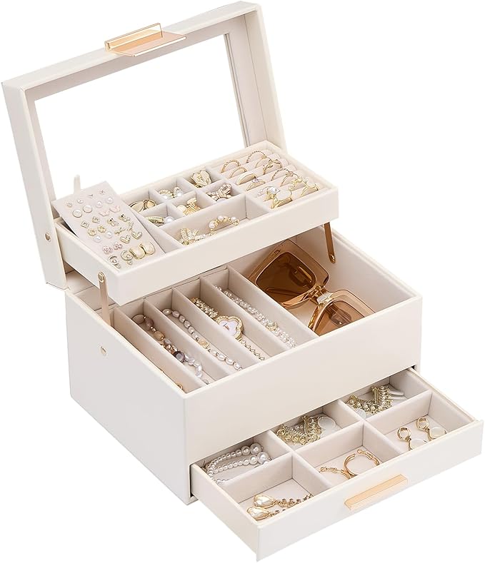 Lolalet Jewelry Box, Clear Window Jewelry Organizer with Drawer for Earrings Bracelets Necklaces Rings, Jewelry Storage for Women -White, 3 Layers