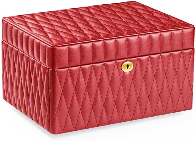 Genuine Leather Jewelry Box – 3 Layer Large Jewelry Organizer with Mirror, Lockable Jewelry Box for Women – Necklace, Ring, Earring Organizer with Drawer - Valentine's Day Gifts(Red)