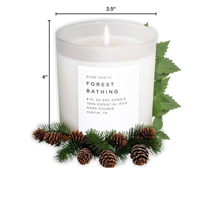 Slow North Forest Bathing Candle - Essential Oils and Pure Soy Wax Candle in a Reusable Frosted Glass Jar - A Unique and Mindful Scented Candle Hand-Poured in The USA (8 oz)