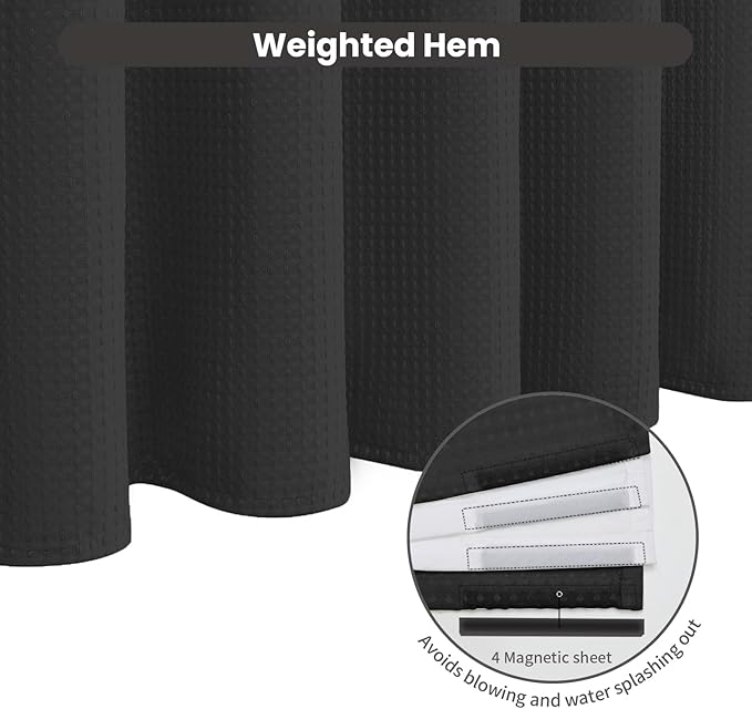 Inhousolu No Hook Waffle Weave Shower Curtain with Removable Snap in Fabric Liner Set for Bathroom, 230 GSM Heavy Duty Weighted Hem, Water Repellent Washable Bath Curtains, 60 x 72 Inch, Black