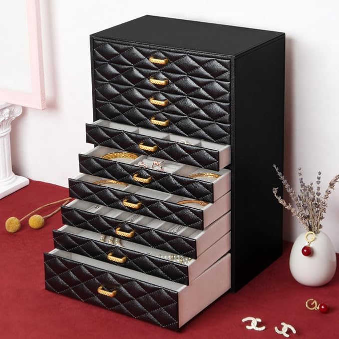 Extra Large Jewelery Box, 10-Layer Storage Case, Faux Leather Organizer with Drawers, Velvet Lining, Scandinavian Nordic Style (BLACK)