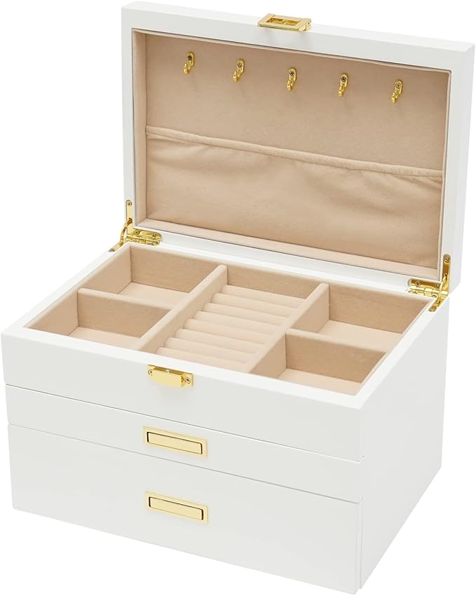 LOYALHEARTDY 3 Layers Large Wooden Jewelry Box Drawer, Large Jewelry Box Organizer for Women, 2 Drawers Storage Case for Ring Necklace Earring Bracelet Organizer Storage Display Box (White)