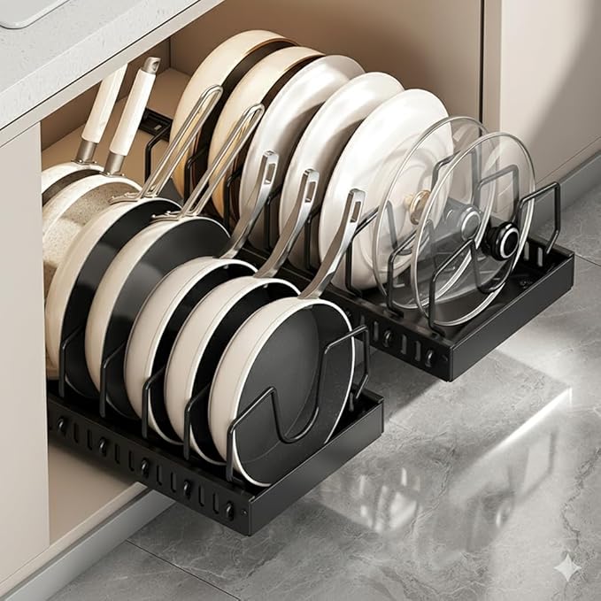 Mnftive pots and pans organizer under cabinet,pot lid organizers inside cabinet holders for kitchen,Horizontal and vertical pulling modes,cast iron storage ((2pcs) Black vertical)