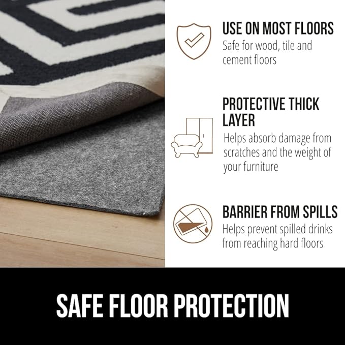 GORILLA GRIP Felt and Natural Rubber Stay in Place Slip Resistant Rug Pad, 1/8in Thick, 4x6 FT Protective Padding Under Area Rugs, Cushioned Gripper Pads, Carpet Runners, Hardwood Floors Protection