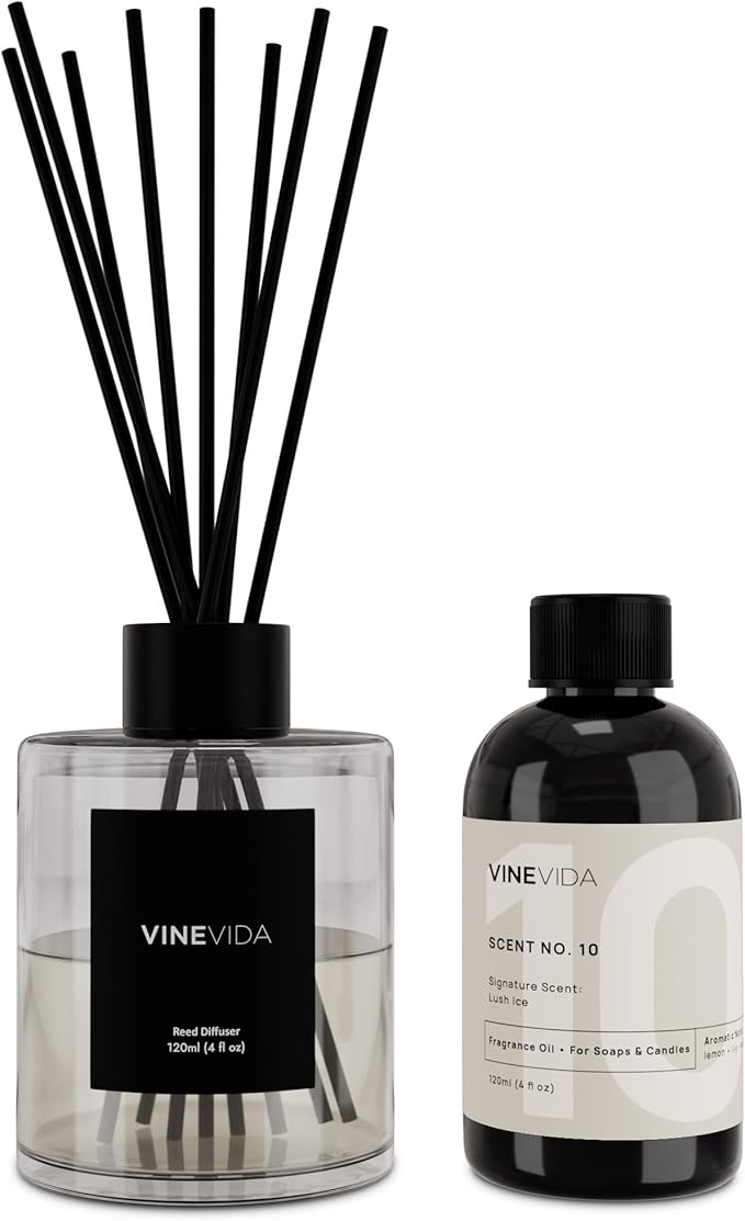 VINEVIDA Scent NO. 10 Reed Diffuser - 120mL (4oz) - Signature Scent: Lush Ice, Reed Diffusers for Home, Office, Bathroom, Made in USA Scent Diffuser Sticks, Room Fragrance Diffuser