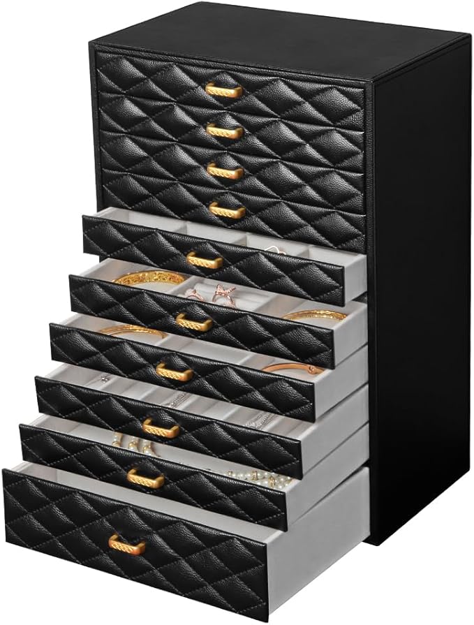 Extra Large Jewelery Box, 10-Layer Storage Case, Faux Leather Organizer with Drawers, Velvet Lining, Scandinavian Nordic Style (BLACK)