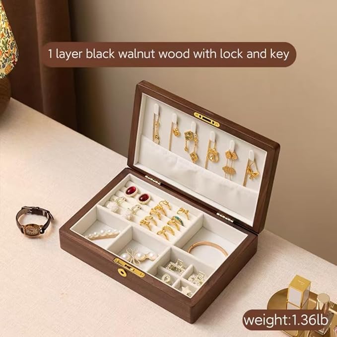 Bescott 1 Layer Solid Black Walnut Wooden Jewelry Box for Women with Lock and Key Wood Vintage Organizer for Men Earrings Rings Necklaces Bracelet Storage Mother's Day Gift