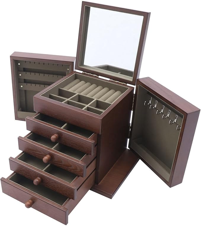 5-Layer Large Jewelry Box Organizer with Mirror and 4 Drawers, Soft Velvet Lining, Wooden Jewelry Boxes & Organizers,Jewelry Storage for Rings Earrings Necklaces Bracelets Christmas New Year Gift