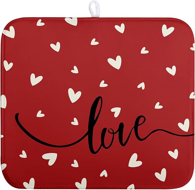 Wnoesat Valentines Day Dish Drying Mat 18x24 Inch Valentine Red Love Heart Drying Mats for Kitchen Counter Super Absorbent Microfiber Medium Dish Drying Pad Heat Resistant Dish Draining Rack Mat
