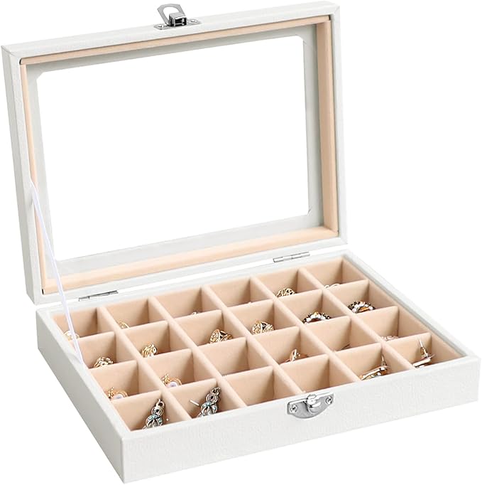 Wudygirl Jewelry Organizer Small Jewelry Box 24 Grid Earring Holder Organizer Velvet Jewelry Tray with Clear Lid Ring Holder Display Earring Organizer Storage for Women (Cream)