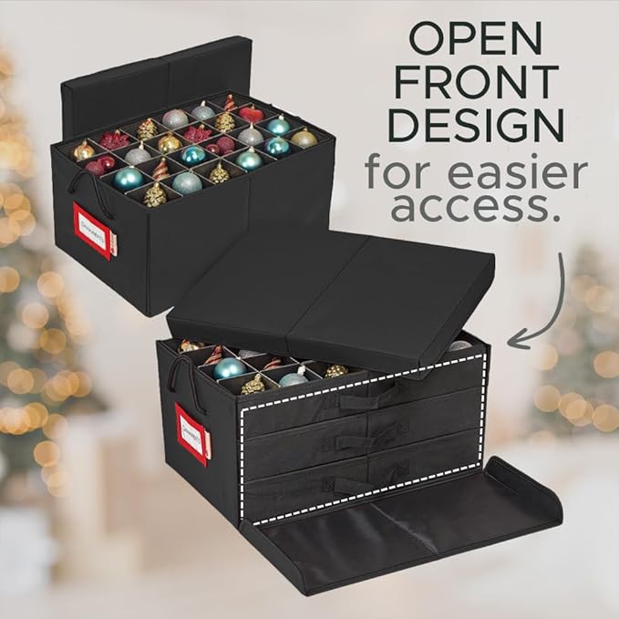 HOLDN’ STORAGE Christmas Ornament Storage Box with Dividers, Holds 72 Ornaments (3 Inch), Large Ball Storage Container with 3 Removable Trays, Durable and Portable - Black