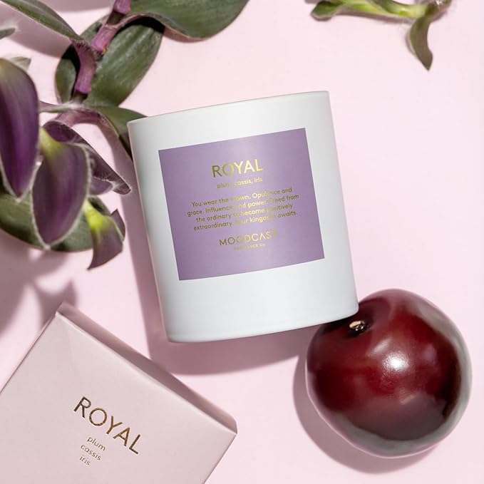 Moodcast Royal Scented Candle - Aesthetic Candle for Home, Plum, Cassis & Iris, Clean Coco Wax Blend, Vegan, Paraben Free, 45-Hour Long Lasting Burn - 8oz