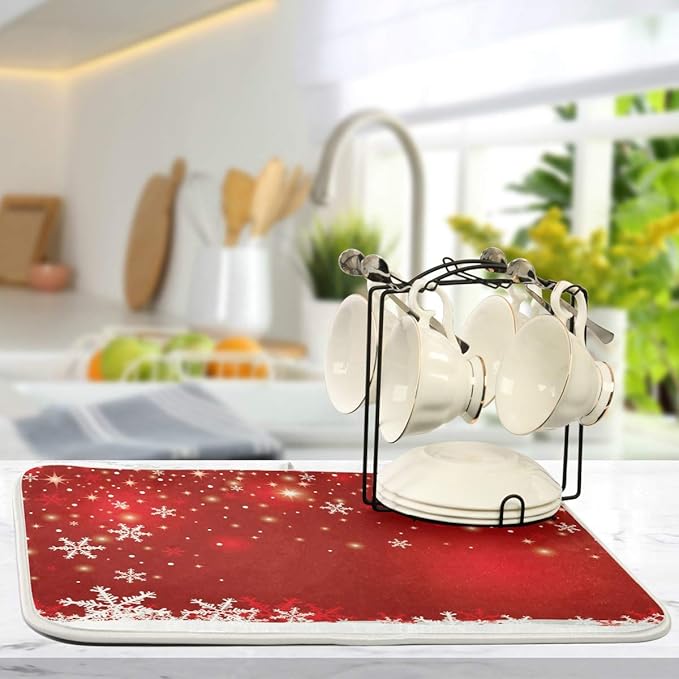 Christmas White Snowflake On Red Background Dish Drying Mat 18x24inch Dish Drainer Kitchen Counter Mats Bottles Dish Dry Pad Protector for Kitchen Countertops