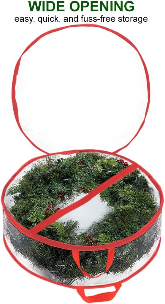 ProPik Christmas Wreath Storage Bag - 2 Pack Artificial Christmas Wreath Storage Container- Garland Holiday Wreath Storage Holder –Water Proof Transparent Clear PVC - with Handles (Red, 48 Inch)
