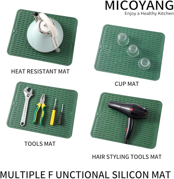 MicoYang Silicone Dish Drying Mat for Multiple Usage,Easy clean,Eco-friendly,Heat-resistant Silicone Mat for Kitchen Counter or Sink,Refrigerator or drawer liner Green L 16 inches x 12 inches
