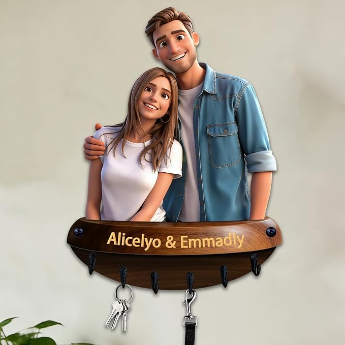 Personalized Cartoon Style Couple Photo Wall Hooks Custom 2D Flat Print Family Picture Realistic Style Key Storage Holder for Bedroom Living Room Hallway Coat Rack Home Decor Gift for Lover Couple