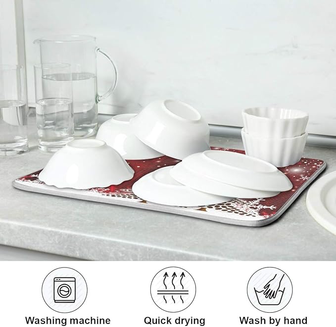 Christmas Tree Dish Drying Mat 16x18 inch Xmas New Year Snowflake Wooden Dish Drainer Kitchen Counter Mats Bottles Dish Dry Pad Protector for Kitchen Countertops
