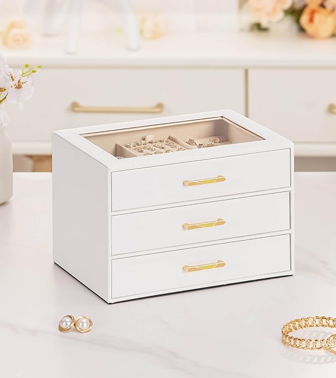 Homde Jewelry Box with Compartments for Women: Big Storage Organizer for Room - Necklace, Earring, Ring Holder for Dresser (White + Yellow)