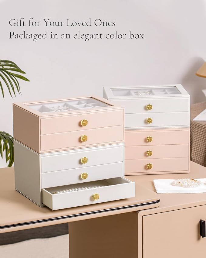 CASEGRACE Jewelry Box for Women with Glass Lid - Leather Jewelry Storage Organizer 2 Drawers for Necklaces, Rings, Earrings & Bracelets, Ideal Gift (Pink, 2 Layer)
