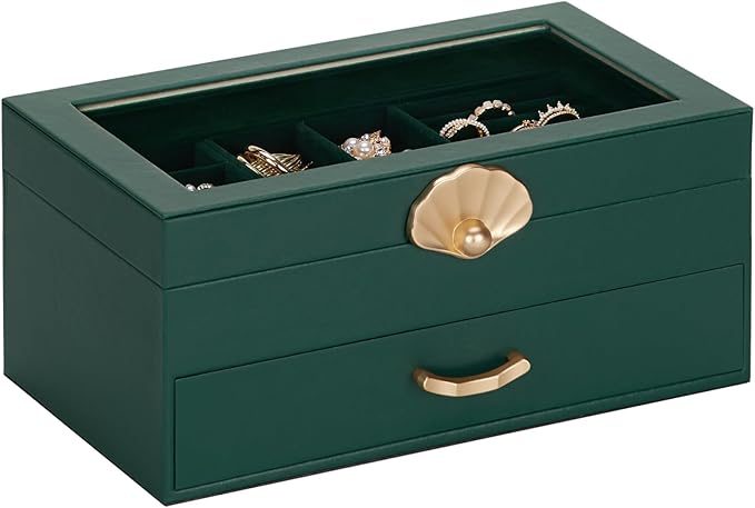 Jewelry Box with 1 Drawers: Display Organizer for Earrings Necklaces - Christmas Gifts for Girls Women (Forest Green)