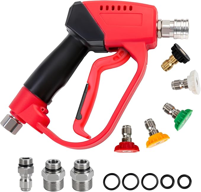 AURORA CAR Short Pressure Washer Gun 5000PSI，High Pressure Washer Gun with 5 Spray Nozzle Tips, 3/8" Quick Connect Plug and M22-14/15mm Fittings, Power Washer Gun Compatible with Foam Cannon，12 GPM