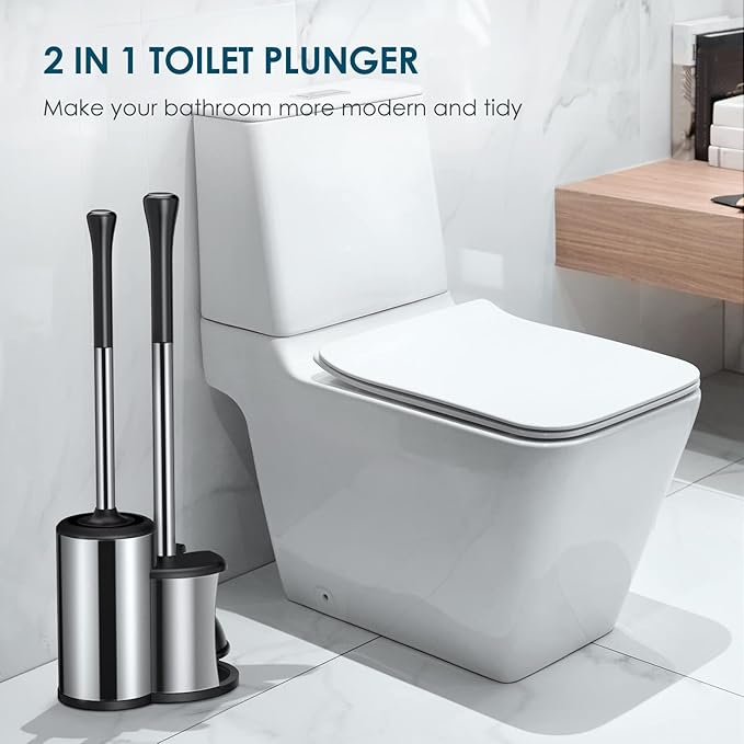 Toilet Plunger Bowl Brush Set: Hideaway Heavy Duty Toilet Plunger Scrubber Cleaner Holder Combo for Bathroom with Covered Caddy Hidden Elongated Discreet Apartment Toilet Plunger Brush Accessories…1