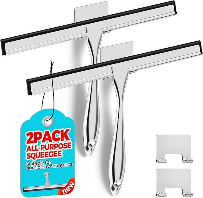 ALFLOD 2PACK 12-Inch All-Purpose Shower Squeegee for Shower Doors, Tile Shower Walls, Bathroom, Window, Glass and Car Windshield, Mirrors and Kitchen-Stainless Steel, Silver