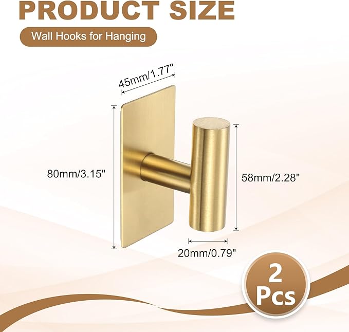 2 Pack Towel Hooks for Bathroom, Wall Hooks Self-Adhesive No-Drill Door Hanger Apply to Shower/Kitchen/Bedroom/Hanging Coat/Towel/Robe (Gold)